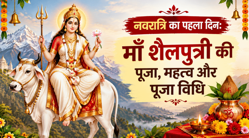 “नवरात्रि के पहले दिन माँ शैलपुत्री की पूजा और आराधना का सुंदर धार्मिक चित्र”