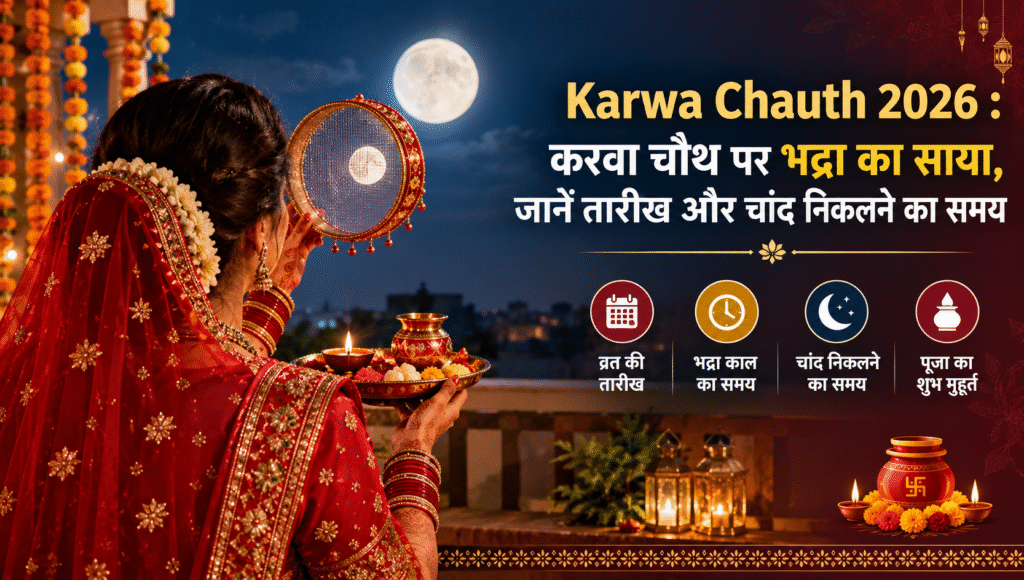 Karwa Chauth 2026 date, Bhadra kaal, puja muhurat aur moonrise time ki jankari ke saath chaand ko chalni se dekhti hui mahila.