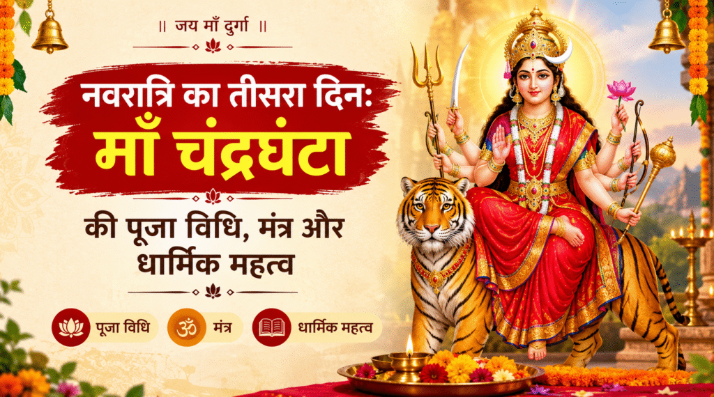 माँ चंद्रघंटा की सुंदर प्रतिमा और नवरात्रि पूजा का धार्मिक दृश्य नवरात्रि के तीसरे दिन माँ चंद्रघंटा की पूजा करते हुए भक्त माँ चंद्रघंटा की पूजा विधि और आराधना का सुंदर चित्र नवरात्रि तीसरे दिन माँ चंद्रघंटा के दिव्य स्वरूप का चित्र माँ चंद्रघंटा की पूजा, मंत्र और धार्मिक महत्व दर्शाता चित्र