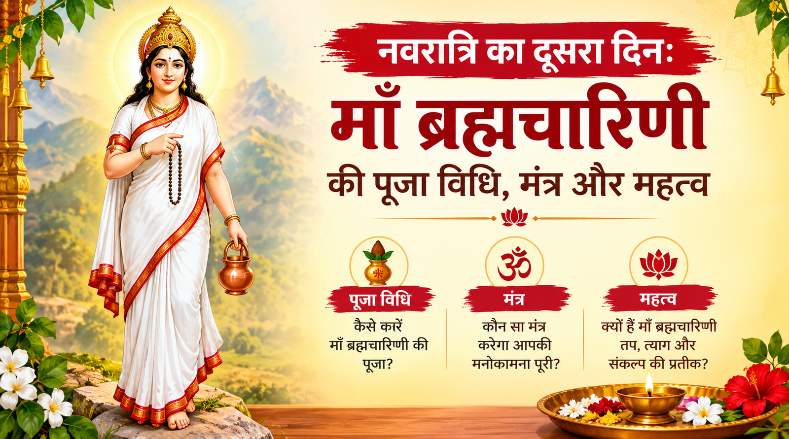नवरात्रि के दूसरे दिन माँ ब्रह्मचारिणी की पूजा और आराधना का धार्मिक चित्र