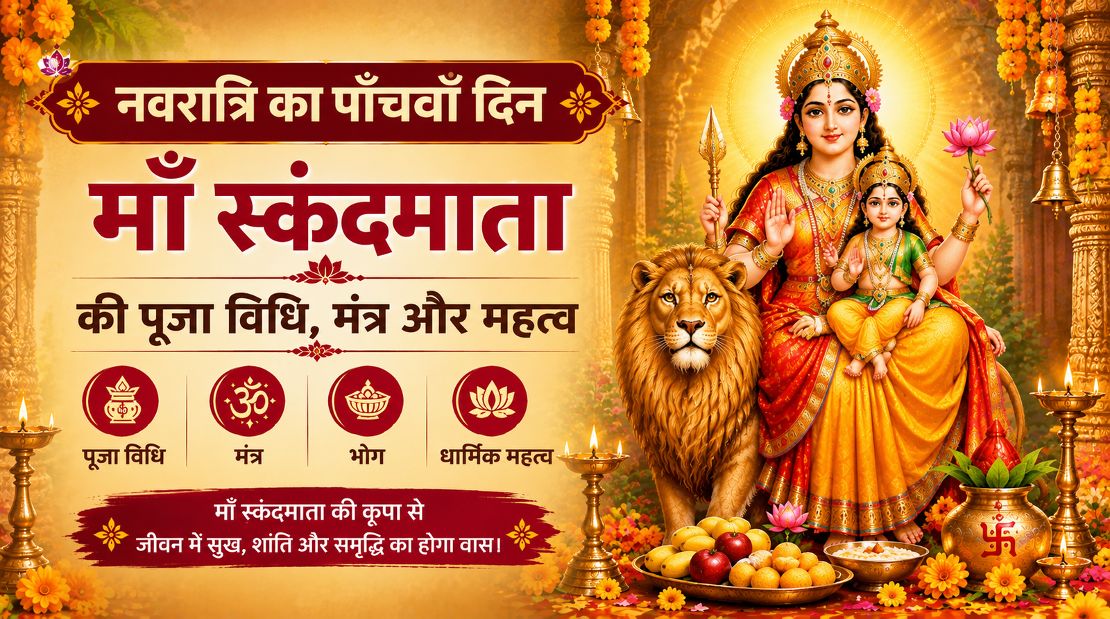 नवरात्रि के पाँचवें दिन माँ स्कंदमाता के दिव्य स्वरूप का धार्मिक चित्र माँ स्कंदमाता की पूजा विधि और आराधना का सुंदर दृश्य माँ स्कंदमाता की गोद में भगवान कार्तिकेय का दिव्य स्वरूप नवरात्रि के पाँचवें दिन माँ स्कंदमाता की पूजा करते हुए भक्त माँ स्कंदमाता की पूजा, मंत्र और धार्मिक महत्व दर्शाता चित्र